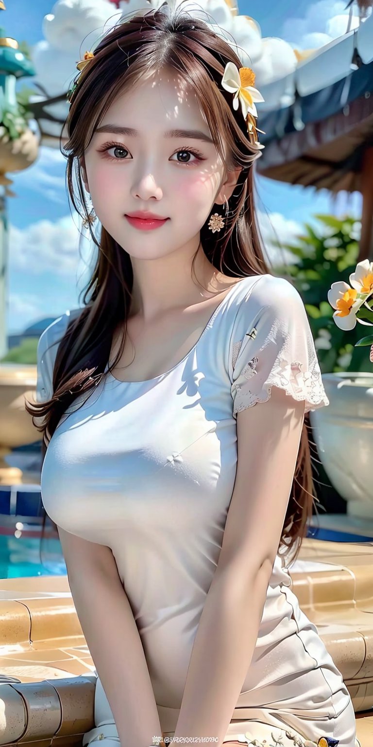 (Masterpiece, Best Quality, Photorealistic, High Resolution, 8K Raw), Smiling, Looking At Viewer, Upper Body, Light, 1 Girl, Solo, Beautiful Young Girl, 18 Years Old, (Long Hair, Brown Hair, Bangs:1.3), Big Breasts, one point flower hair ornament, (through white dress:1.3), Off the shoulders, sunny sky, gentlebreeze, palm leaf roof, poolside bar, 