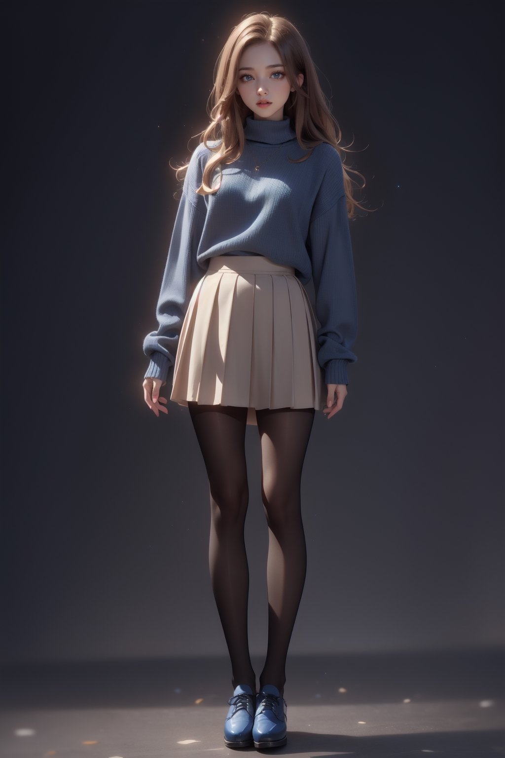 1girl, solo, long hair, looking at viewer, skirt, simple background, brown hair, shirt, long sleeves, brown eyes, standing, full body, pantyhose, pleated skirt, shoes, black skirt, grey background, black footwear, sweater, lips, sleeves past wrists, black pantyhose, blue shirt, blue sweater