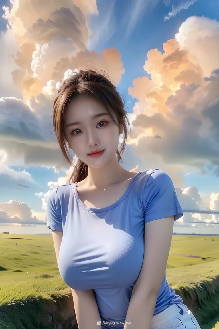 1girl, solo, breasts, looking at viewer, smile, large breasts, brown hair, shirt, brown eyes, standing, closed mouth, white shirt, ponytail, short sleeves, outdoors, sky, day, cloud, blue sky, lips, cloudy sky, grass, t-shirt