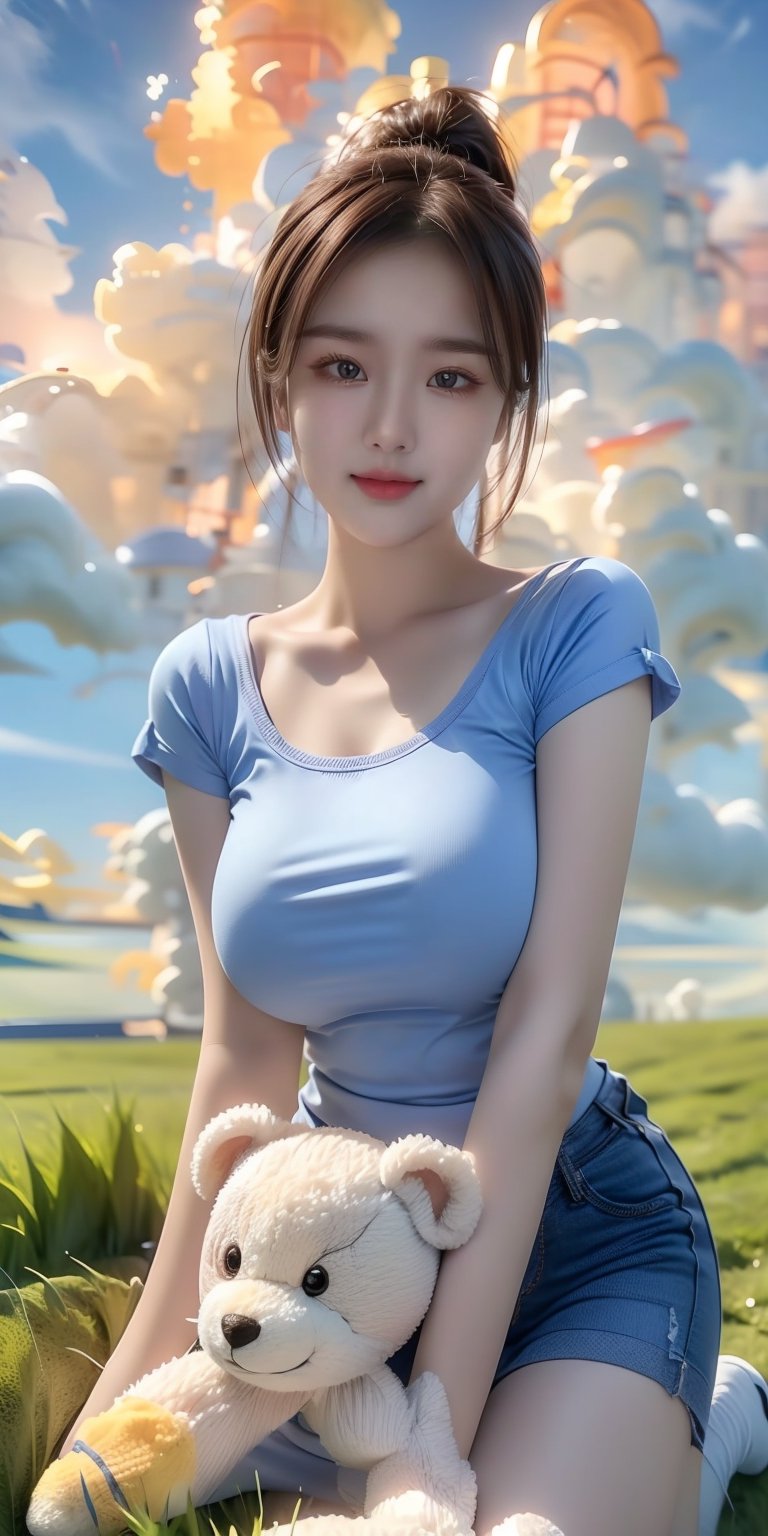 1girl, solo, breasts, looking at viewer, smile, large breasts, brown hair, shirt, brown eyes, sitting, closed mouth, white shirt, ponytail, short sleeves, outdoors, sky, day, cloud, blue sky, lips, watermark, stuffed toy, stuffed animal, cloudy sky, grass, t-shirt, teddy bear, holding stuffed toy