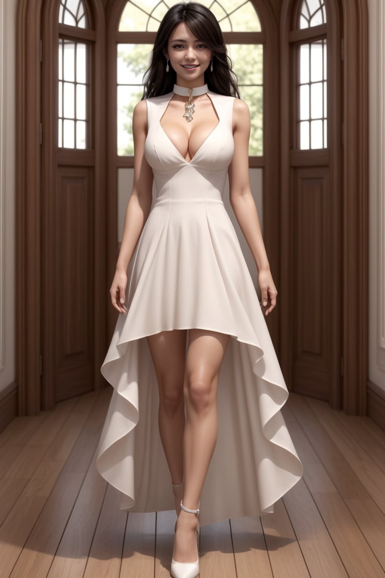 1girl, solo, long hair, breasts, looking at viewer, smile, brown hair, black hair, dress, cleavage, brown eyes, jewelry, standing, full body, earrings, indoors, high heels, walking,  long dress,  Random color dress,Long dresses in random styles,SD 1.5,photorealistic,sailor collar,white thighhighs, angle from below