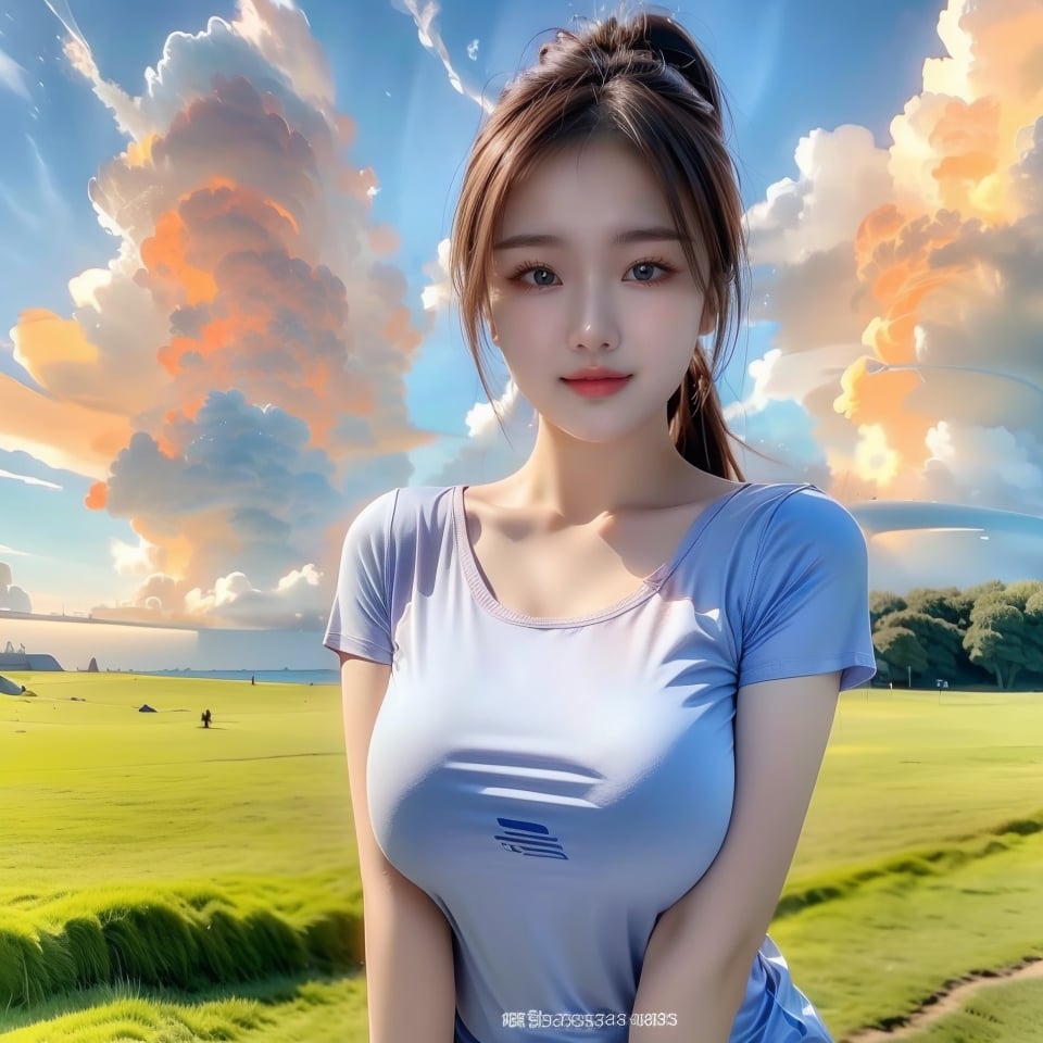 1girl, solo, breasts, looking at viewer, smile, large breasts, brown hair, shirt, brown eyes, standing, closed mouth, white shirt, ponytail, short sleeves, outdoors, sky, day, cloud, blue sky, lips, cloudy sky, grass, t-shirt