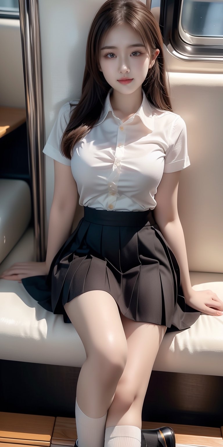 1girl, solo, long hair, breasts, looking at viewer, skirt, brown hair, shirt, sitting, school uniform, white shirt, short sleeves, pleated skirt, shoes, socks, collared shirt, black eyes, plaid, plaid skirt, white socks, train interior
