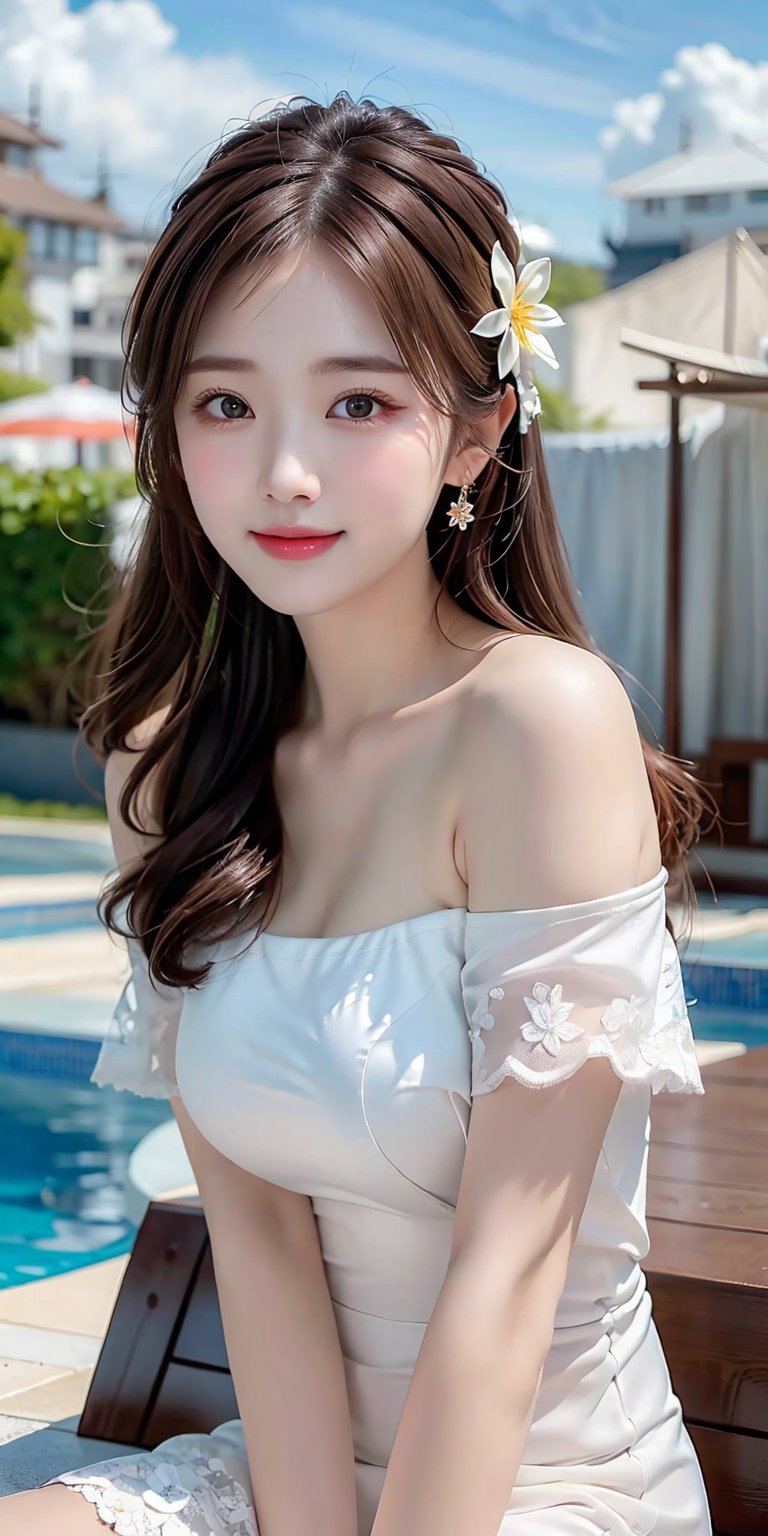 (Masterpiece, Best Quality, Photorealistic, High Resolution, 8K Raw), Smiling, Looking At Viewer, Upper Body, Light, 1 Girl, Solo, Beautiful Young Girl, 18 Years Old, (Long Hair, Brown Hair, Bangs:1.3), Big Breasts, one point flower hair ornament, (through white dress:1.3), Off the shoulders, sunny sky, gentlebreeze, palm leaf roof, poolside bar, 