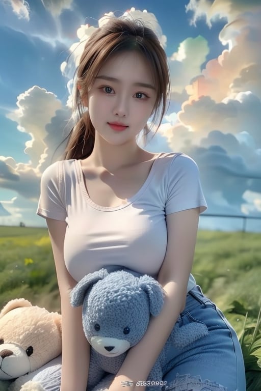 1girl, solo, breasts, looking at viewer, smile, large breasts, brown hair, shirt, brown eyes, sitting, closed mouth, white shirt, ponytail, short sleeves, outdoors, sky, day, cloud, blue sky, lips, watermark, stuffed toy, stuffed animal, cloudy sky, grass, t-shirt, holding stuffed toy