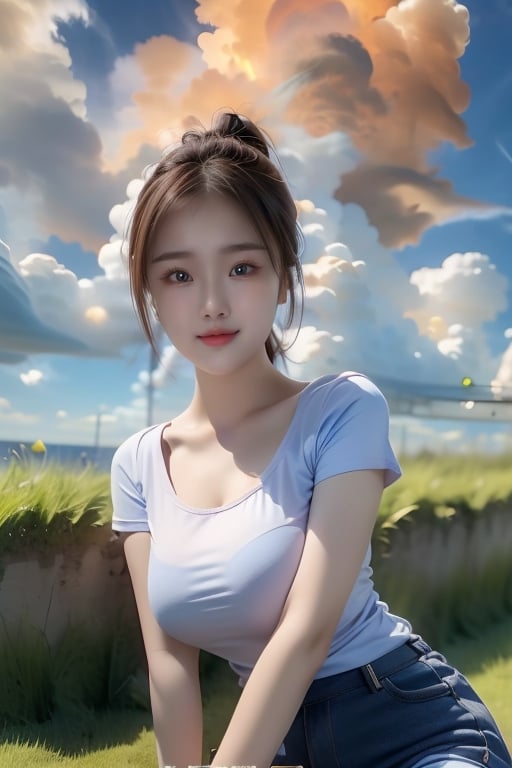 1girl, solo, breasts, looking at viewer, smile, large breasts, brown hair, shirt, brown eyes, sitting, closed mouth, white shirt, ponytail, short sleeves, outdoors, sky, day, cloud, blue sky, lips, watermark, cloudy sky, grass, t-shirt, holding arm