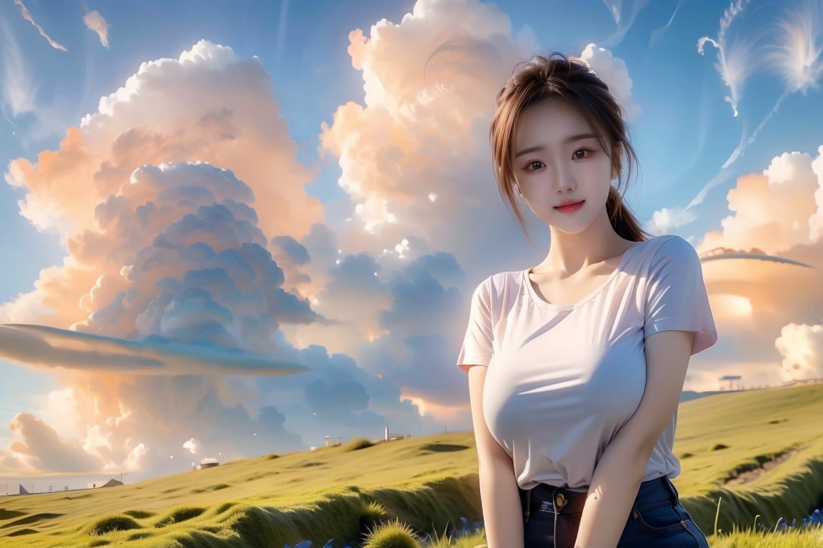 1girl, solo, breasts, looking at viewer, smile, large breasts, brown hair, shirt, brown eyes, standing, closed mouth, white shirt, ponytail, short sleeves, outdoors, sky, day, cloud, blue sky, lips, cloudy sky, grass, t-shirt