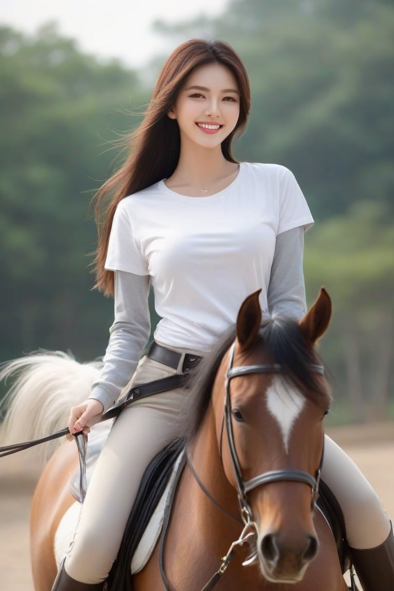 1 woman, on a horse, Taiwanese, tulle t-shirt, long riding breeches , 18 years old,  beautiful face, huge breasts, long straight hair,  smile, looking at the viewer,  (photorealistic, raw photo)