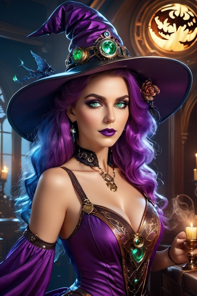 Halloweencore, intricate and colorful image of a beautiful witch with sapphire flowy hair resembling steam in water wearing a purple witch dress and witch hat made completely of black smoke, holding a witch's broom, haunted house background, professional cinematic results, sense of awe and beauty, hyperdetailed face, 8k UHD, sharp focus on eyes , alberto seveso style, Digital painting ,  colorful rendition ,steampunk style, emerald green eyes, shap focus on eyes ,Monster,arcane, prismatic glow elements ,ColorART,  art by sargent,arcane style, JinxLol,perfecteyes,High detailed,  sleeveless ,detailmaster2,colorful,cyborg style, wide_hips,  full moon,  beautiful legs ,android,fire element,A girl dancing ,composed of fire elements, bats flying about
