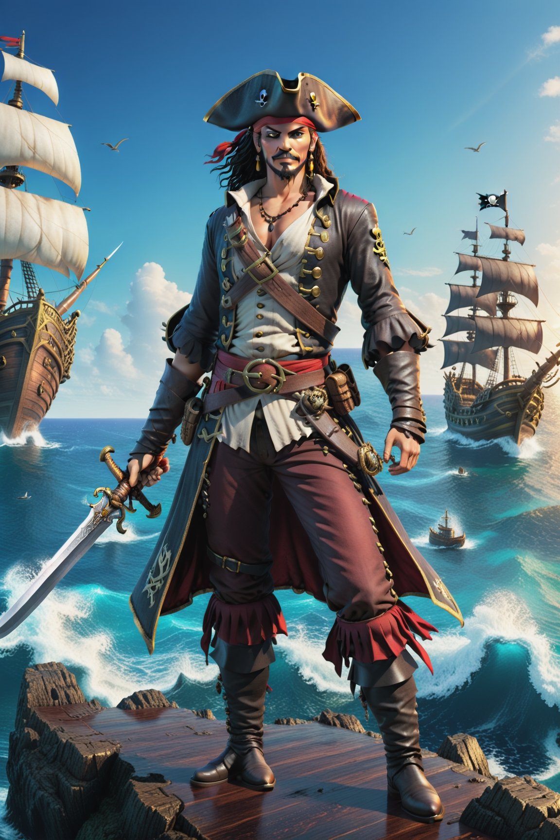 full shot of a male pirate, character concept holding sword, standing pose with sea background and pirate ship batle