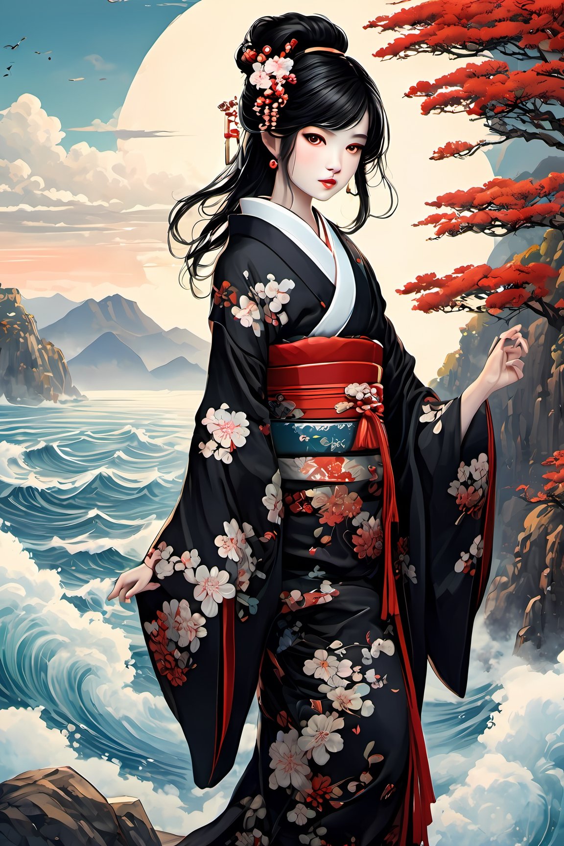 1girl, miyo, ((Japanese goddess)), intricate black kimono, red eyes, (kanzashi), rich flowing black hair, beautiful face, standing on the clouds, sea, scenery, cliffs, stone Torii,,, , , , 