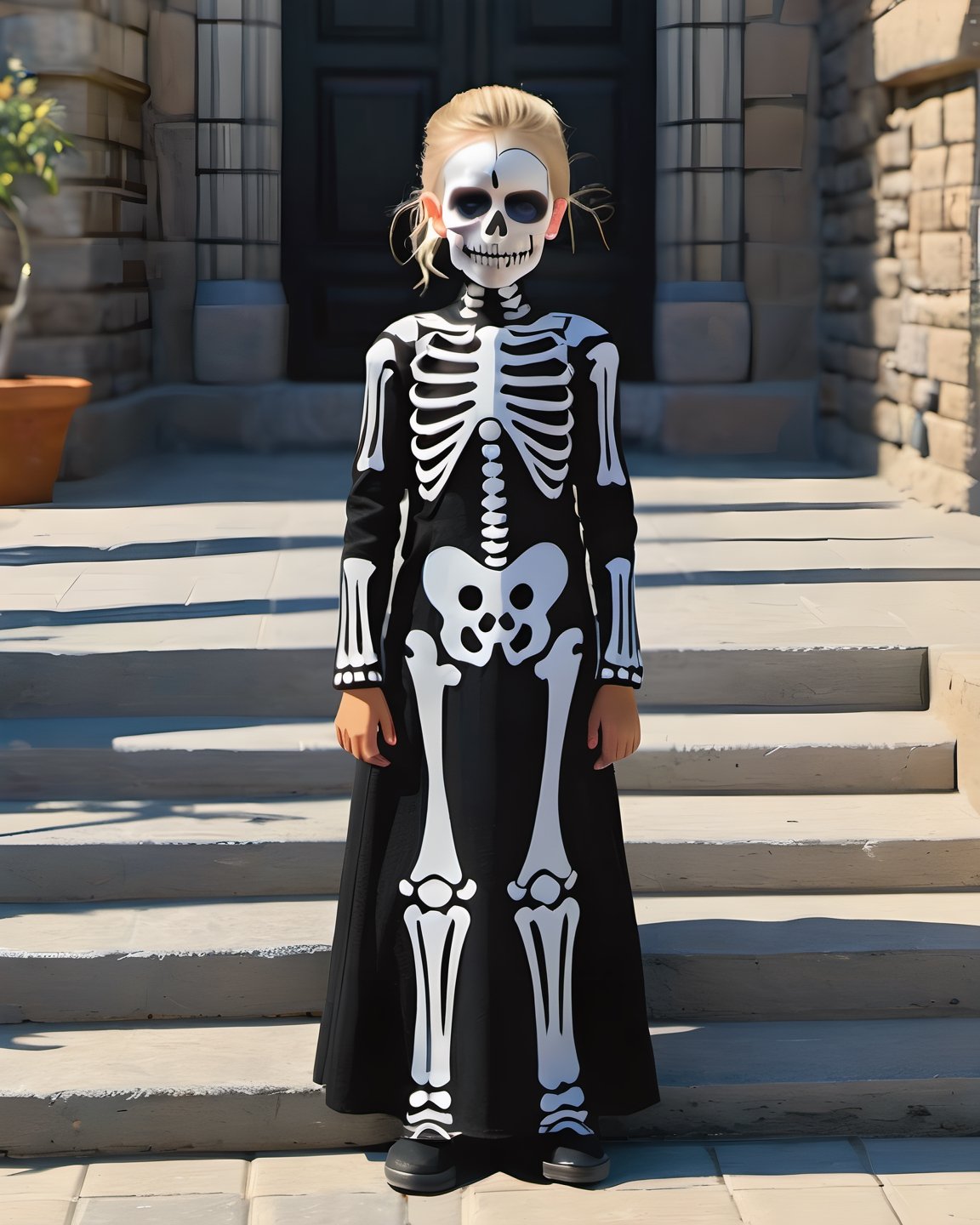 there is a girl in a dress and skeleton makeup standing in a street,  animated movie shot,  rendered with substance designer,  dia de muertos dress and make up,  a girl with blonde hair,  the blacksmits’ daughter,  highly detailed character sheet,  dark neighborhood,  background is Transylvanian castle,  cute character,  death and robots,  charlize,  standing in front,  dreamlike atmosphere,  illuminated by the light of an open window,  and a perfect balance between the light and the dark, detailmaster2, photo r3al,lun4