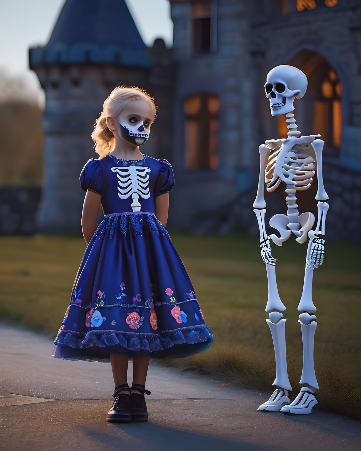 there is a girl in a dress and skeleton makeup standing in a street,  animated movie shot,  rendered with substance designer,  dia de muertos dress and make up,  a girl with blonde hair,  the blacksmits’ daughter,  highly detailed character sheet,  dark neighborhood,  background is Transylvanian castle,  cute character,  death and robots,  charlize,  standing in front,  dreamlike atmosphere,  illuminated by the light of an open window,  and a perfect balance between the light and the dark, detailmaster2, photo r3al