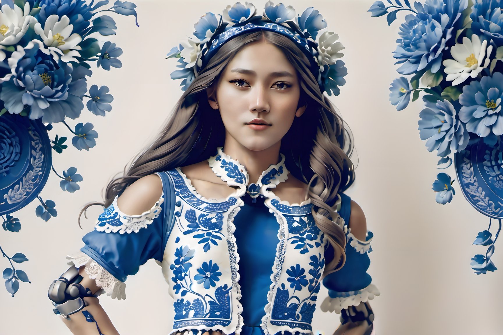 Upple portrait of a woman in a Delft's blue dress and a flower crown, young beautiful hippie girl, intrincate clothing, gemma chen, singer, wearing festive clothing, shipibo, white woman, 1 4. modern attire, mid length portrait photograph, a beautiful teen-aged girl