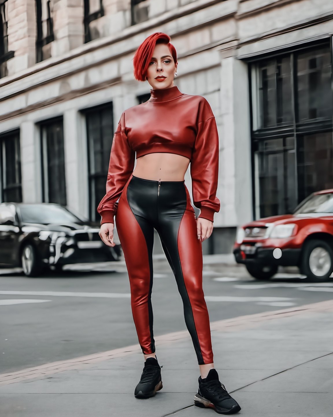 Photograph of a a woman in a red leather top and black leather leggings standing on a sidewalk, instagram model, short red hair, athletic footage, full face, large hips, glass skin, nika maisuradze, dressed in beautiful sport clothing 