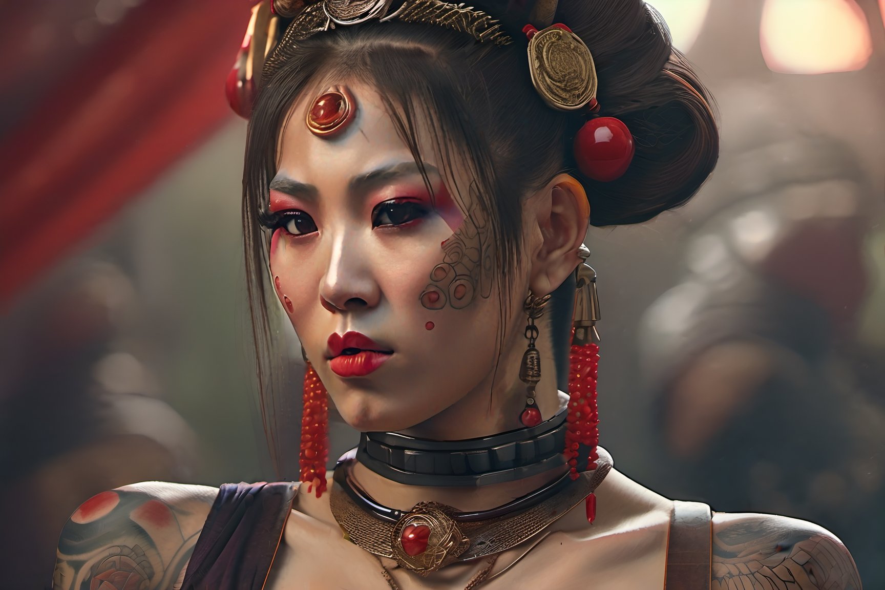 Realistic high quality portrait of asian woman, with slanted, angled down dark brown eyes big red lips
extremely beautiful and attractive body, shapely breasts, narrow waist, wearing celestial brassiere, earrings, diamond necklace, armlets, 4 k, high resolution, princess leia leather slave outfit
hyperdetailed trending on artstation volumetric lighting intricately detailed pino daeni oil on canvas octane render

A professional analog photo 35 mm Kodak of a ( beautiful cybergoth japanese princess with big breast and tattoos ) polaroid film


/dream prompt:a painting of a monkey as samurai, trending on artstation, close - up, portretrait, high detailed, focused, sharp, high quality, sharp, 1 0 0 mm, film photography, dslr, cinema 4 d, hyperrealism, breathtaking