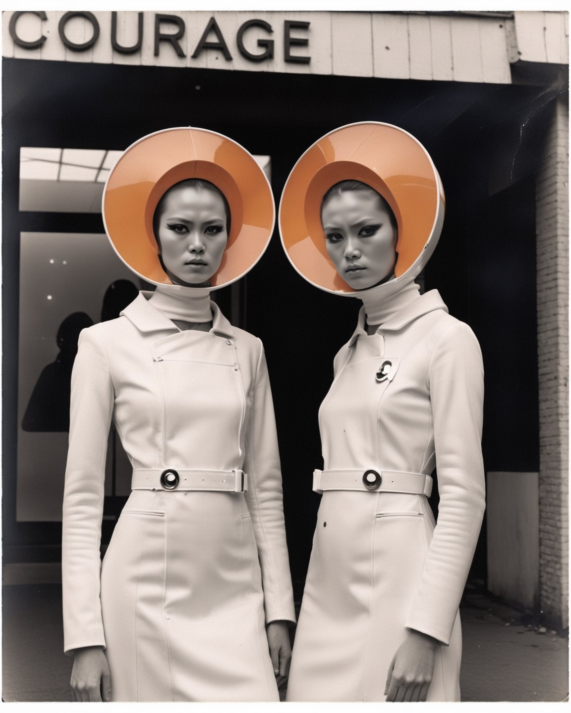 Beautiful models wearing "The moon girl" clothes collection by Courrèges soft focus photography, UHD, high resolution, architectural street dynamic ,rich, vivid contrast, depth of field, black tones, crisp, shot on 100mm, f/ 2. O, natural lighting, realistic, impressive, 8k, Photography By Guy Bourdin