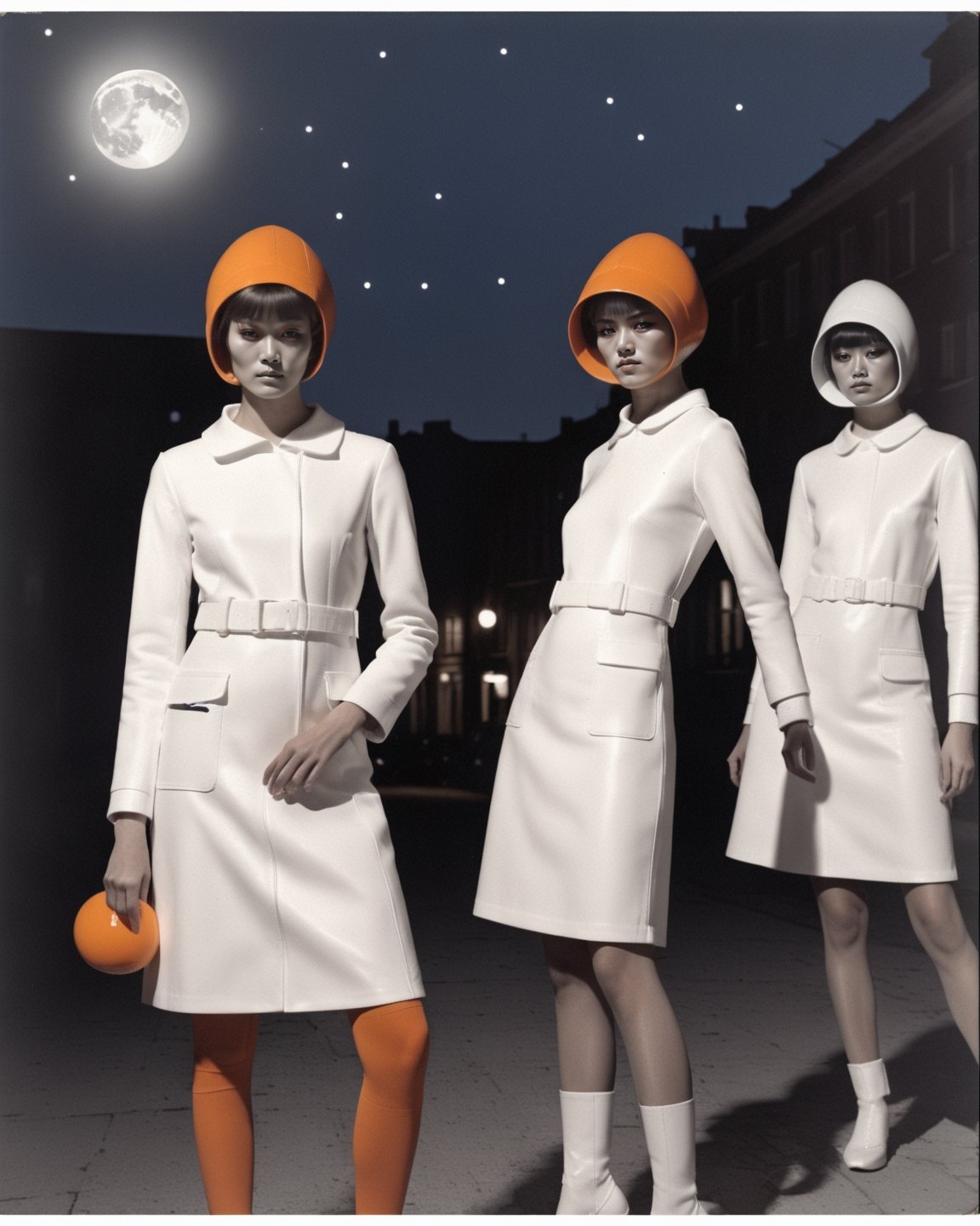 Beautiful models wearing "The moon girl" clothes collection by Courrèges soft focus photography, UHD, high resolution, architectural street dynamic ,rich, vivid contrast, depth of field, black tones, crisp, shot on 100mm, f/ 2. O, natural lighting, realistic, impressive, 8k, Photography By Guy Bourdin