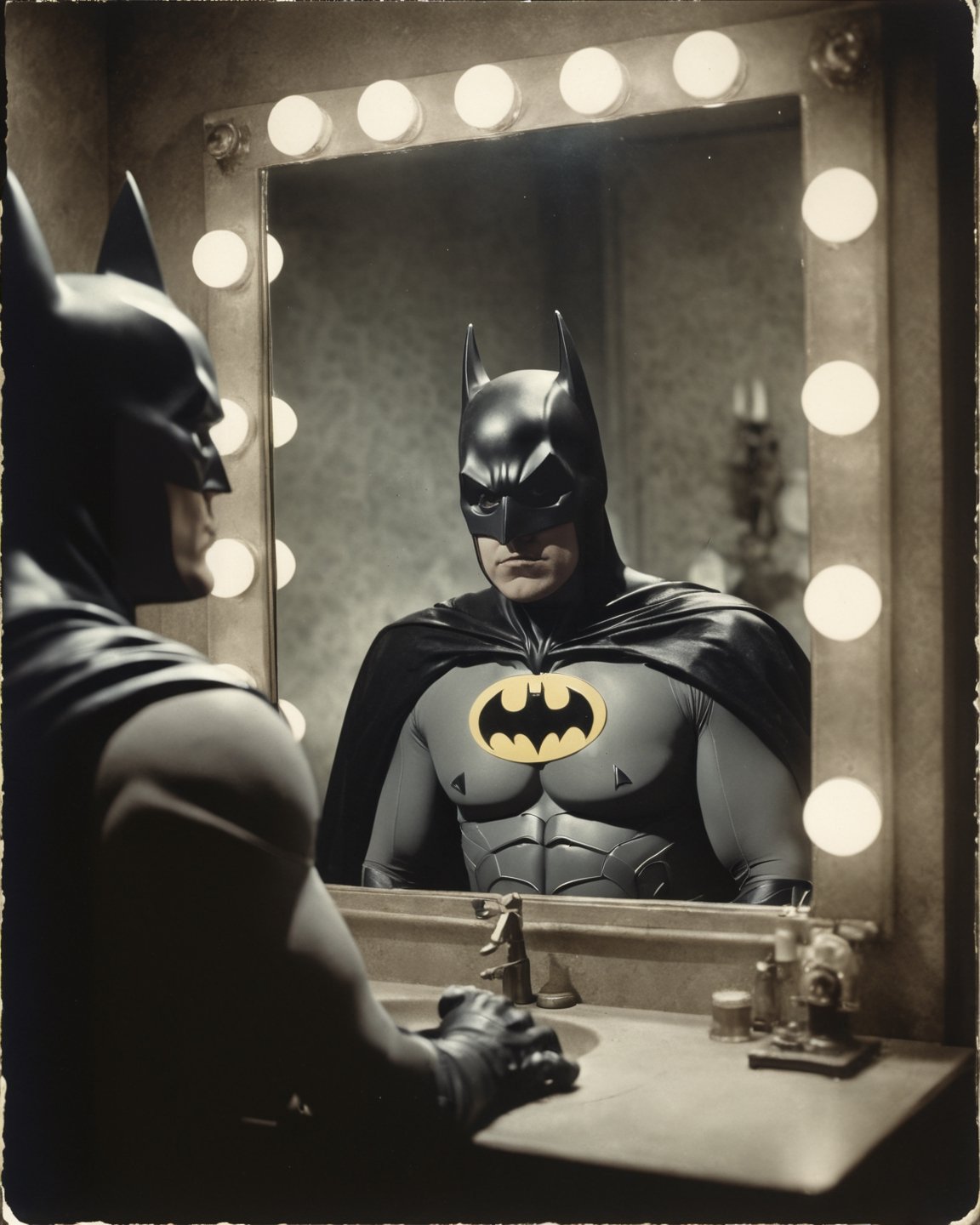 film still of [batman.fantasy], looking in the mirror, 70mm film, tritone color grading, deep focus, set in 1934