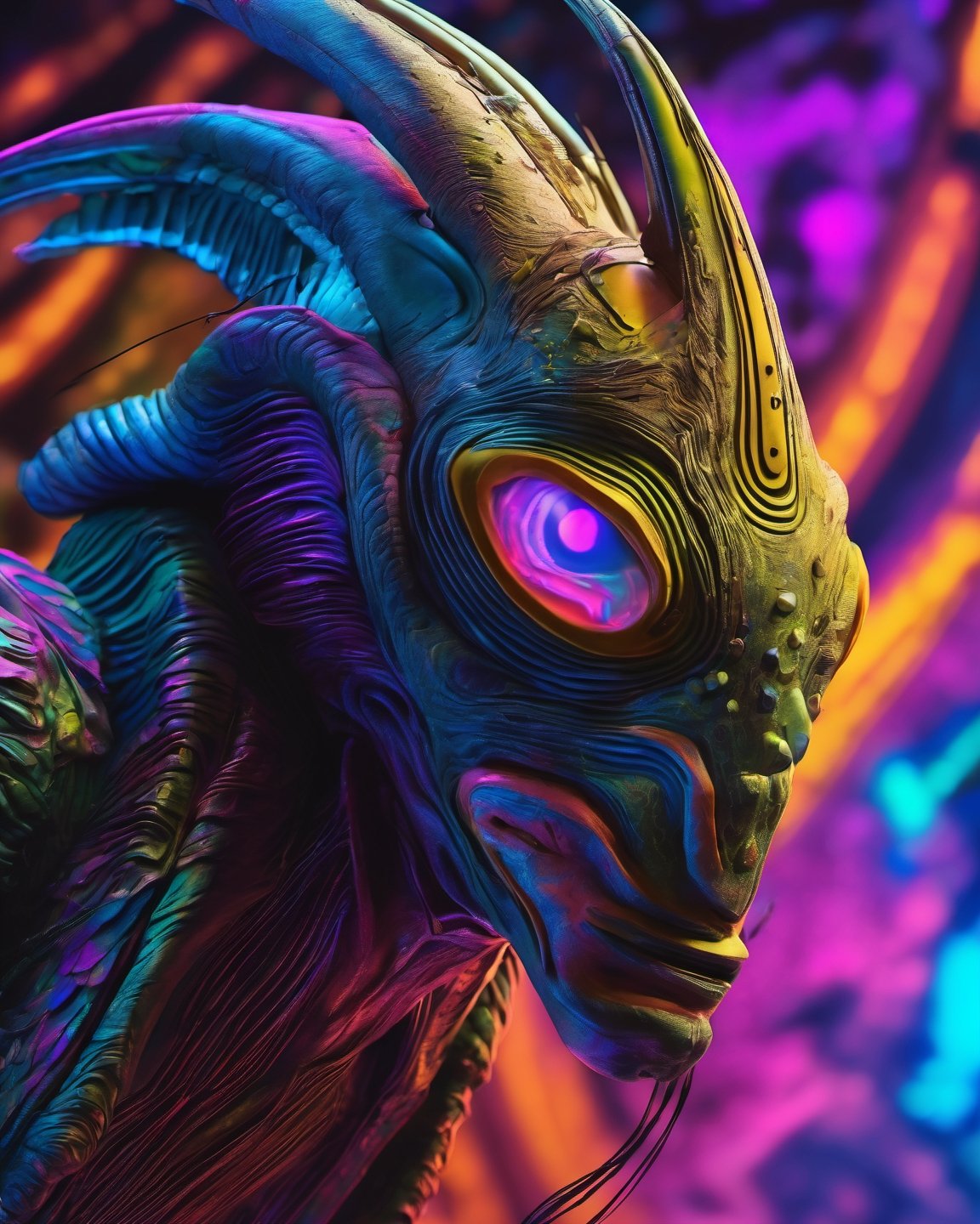 A  creature against a psychedelic background, in style bladerunner the movie, sculptural chaos,  digitalism, photorealistic paintings, 32k uhd, digital art marvels, conceptual artwork, hyperrealistic photography, ultra detailed