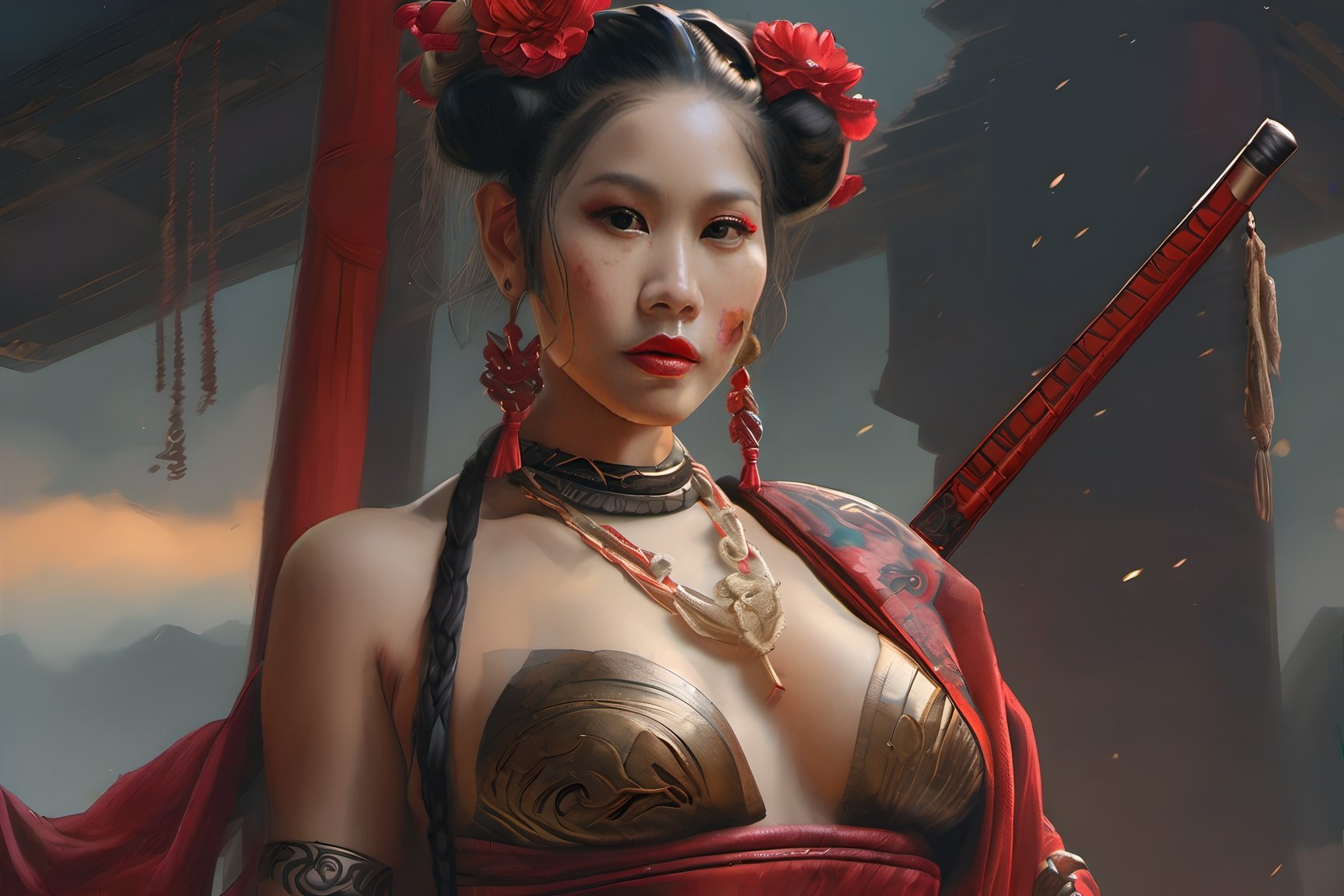 Realistic high quality portrait of asian woman, with slanted, angled down dark brown eyes big red lips
extremely beautiful and attractive body, shapely breasts, narrow waist, wearing celestial brassiere, earrings, diamond necklace, armlets, 4 k, high resolution, princess leia leather slave outfit
hyperdetailed trending on artstation volumetric lighting intricately detailed pino daeni oil on canvas octane render

A professional analog photo 35 mm Kodak of a ( beautiful cybergoth japanese princess with big breast and tattoos ) polaroid film


/dream prompt:a painting of a monkey as samurai, trending on artstation, close - up, portretrait, high detailed, focused, sharp, high quality, sharp, 1 0 0 mm, film photography, dslr, cinema 4 d, hyperrealism, breathtaking