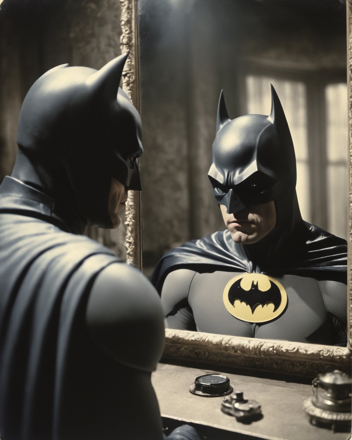 film still of [batman.fantasy], looking in the mirror, 70mm film, tritone color grading, deep focus, set in 1934