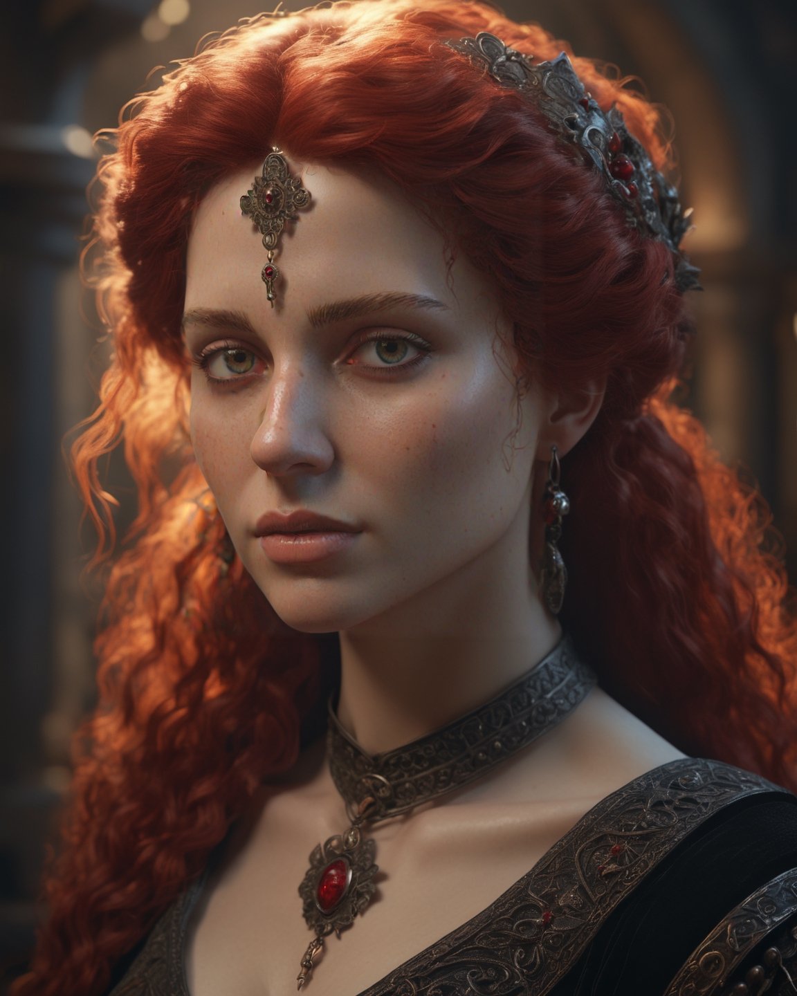 Insidious portrait of a woman in a black dress, unreal engine fantasy art, lovely bohemian princess, hyperrealistic aesthetic, very detailed medieval, zenobia, depicted as a 3 d render, inspired by Edward Robert Hughes, very beautiful woman with red hair, realistic proportions sfw, waifu, aesthetic, from witcher (2021), Hyperrealistic, splash art, concept art, mid shot, intricately detailed, color depth, dramatic, 2/3 face angle, side light, colorful background