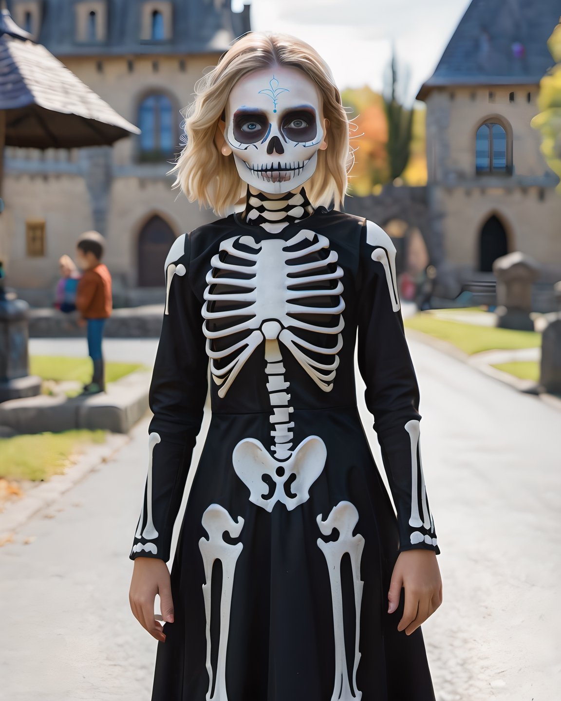 there is a girl in a dress and skeleton makeup standing in a street,  animated movie shot,  rendered with substance designer,  dia de muertos dress and make up,  a girl with blonde hair,  the blacksmits’ daughter,  highly detailed character sheet,  dark neighborhood,  background is Transylvanian castle,  cute character,  death and robots,  charlize,  standing in front,  dreamlike atmosphere,  illuminated by the light of an open window,  and a perfect balance between the light and the dark, detailmaster2, photo r3al,lun4