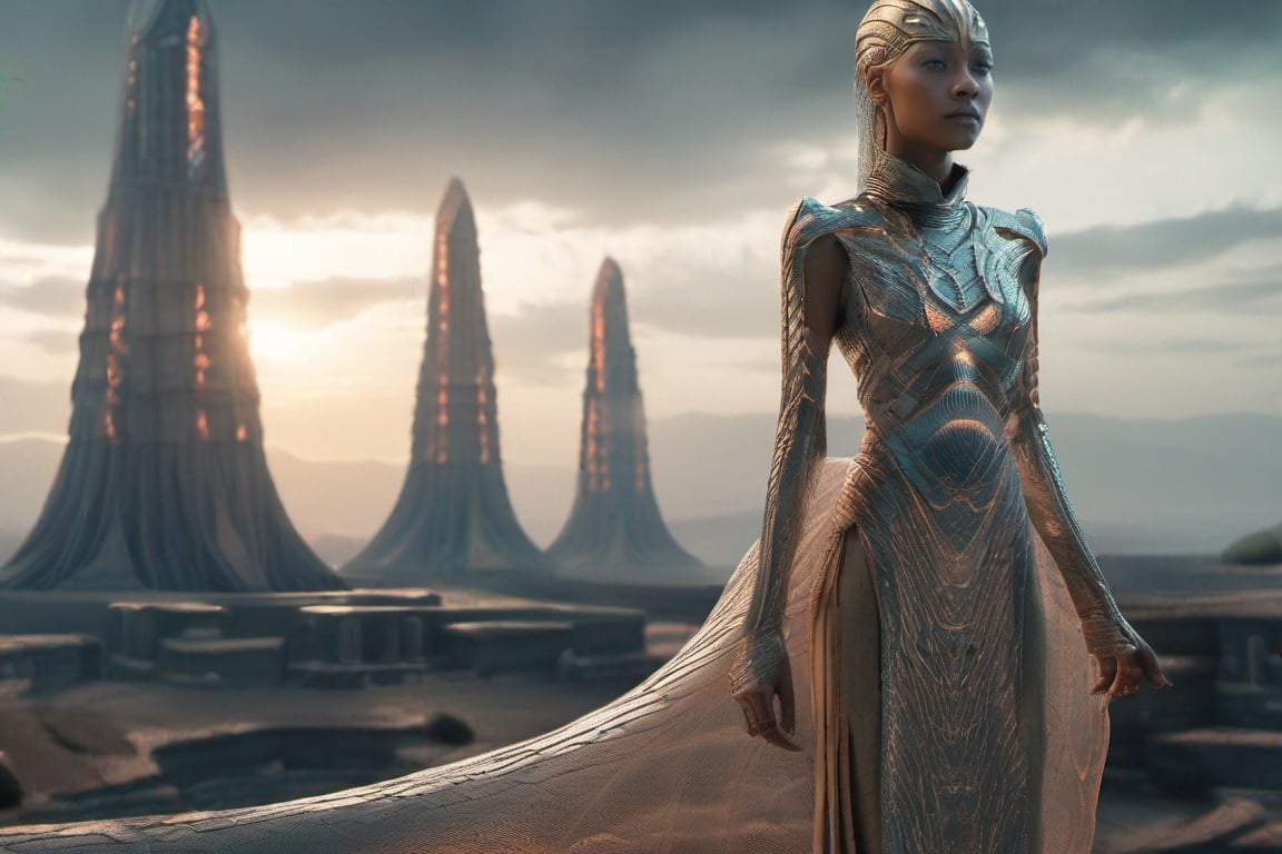 Photorealistic cyber monk girl in translucent neural habit engraved with alien scripture, standing full body as glowing energy phantom serpents coil around her. Towering geometric alien temples in background beam digital energy into sky. Crisp focus on girl, textured outfit, tangible serpent scales, sci-fi backdrop. Subtle cinematic lighting enhances atmospheric mood. VFX of spectral emissions from temples. Detailed 8K resolution CGI ,photo r3al