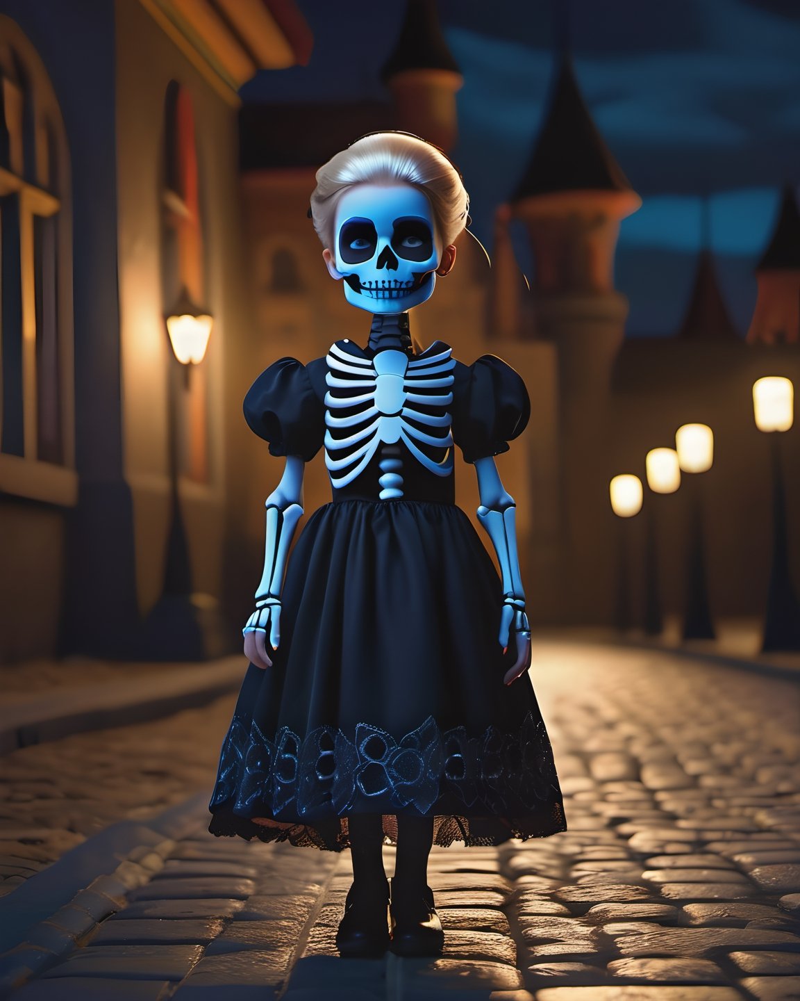 there is a girl in a dress and skeleton makeup standing in a street,  animated movie shot,  rendered with substance designer,  dia de muertos dress and make up,  a girl with blonde hair,  the blacksmits’ daughter,  highly detailed character sheet,  dark neighborhood,  background is Transylvanian castle,  cute character,  death and robots,  charlize,  standing in front,  dreamlike atmosphere,  illuminated by the light of an open window,  and a perfect balance between the light and the dark, detailmaster2, photo r3al