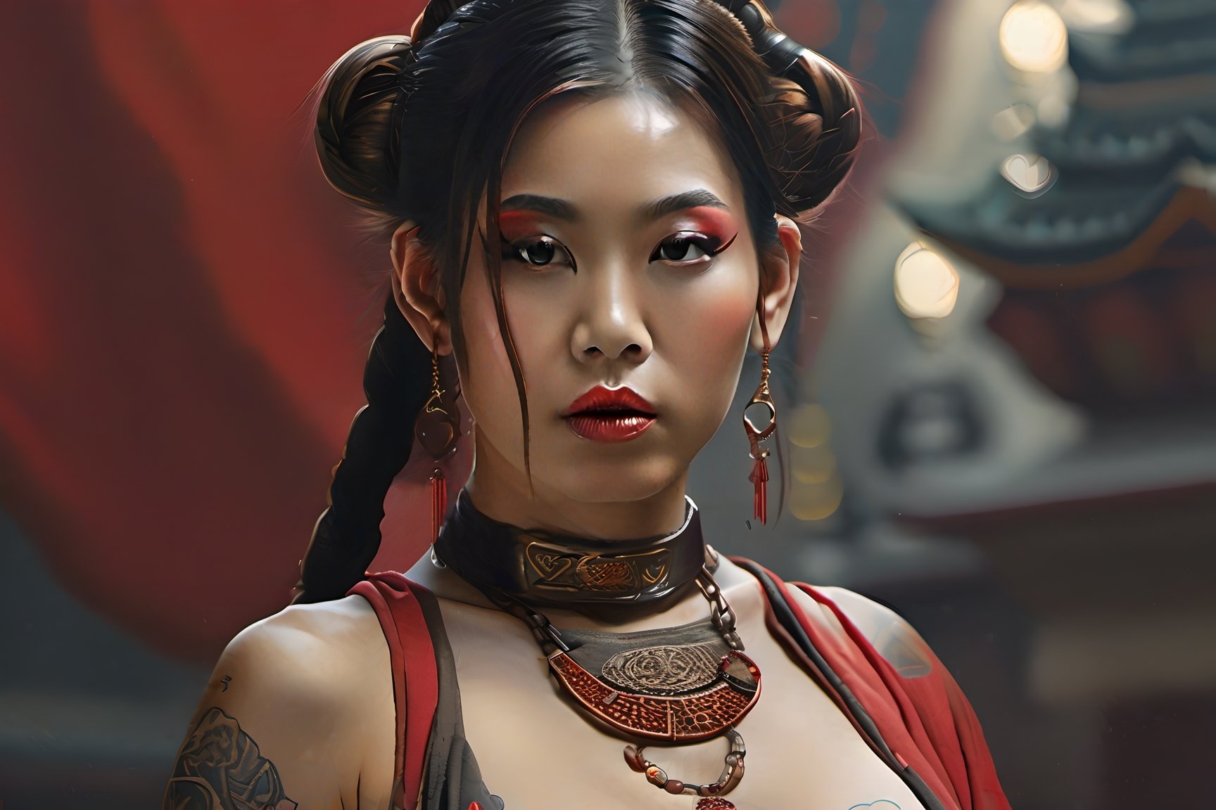 Realistic high quality portrait of asian woman, with slanted, angled down dark brown eyes big red lips
extremely beautiful and attractive body, shapely breasts, narrow waist, wearing celestial brassiere, earrings, diamond necklace, armlets, 4 k, high resolution, princess leia leather slave outfit
hyperdetailed trending on artstation volumetric lighting intricately detailed pino daeni oil on canvas octane render

A professional analog photo 35 mm Kodak of a ( beautiful cybergoth japanese princess with big breast and tattoos ) polaroid film


/dream prompt:a painting of a monkey as samurai, trending on artstation, close - up, portretrait, high detailed, focused, sharp, high quality, sharp, 1 0 0 mm, film photography, dslr, cinema 4 d, hyperrealism, breathtaking