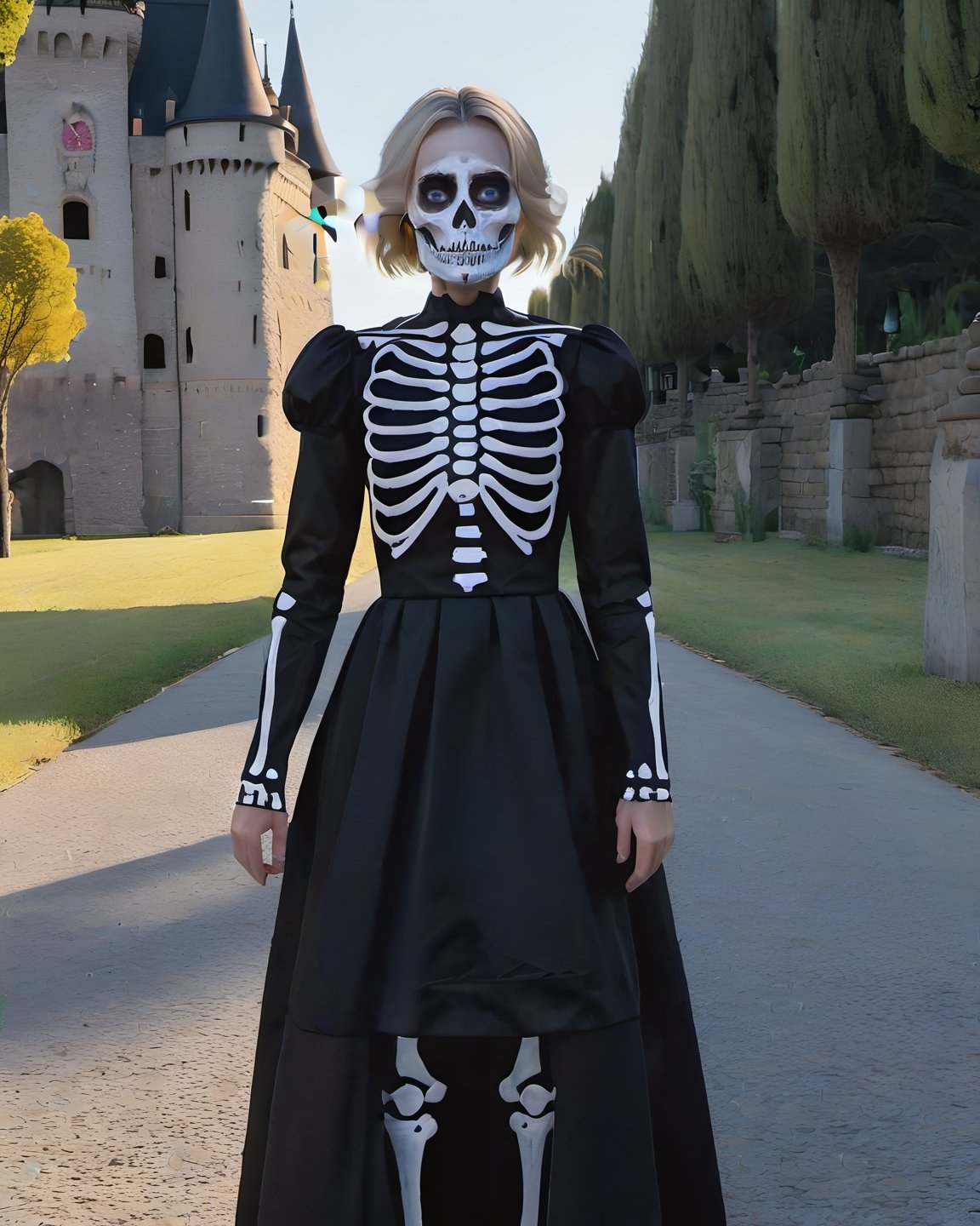 there is a girl in a dress and skeleton makeup standing in a street,  animated movie shot,  rendered with substance designer,  dia de muertos dress and make up,  a girl with blonde hair,  the blacksmits’ daughter,  highly detailed character sheet,  dark neighborhood,  background is Transylvanian castle,  cute character,  death and robots,  charlize,  standing in front,  dreamlike atmosphere,  illuminated by the light of an open window,  and a perfect balance between the light and the dark, detailmaster2, photo r3al,lun4