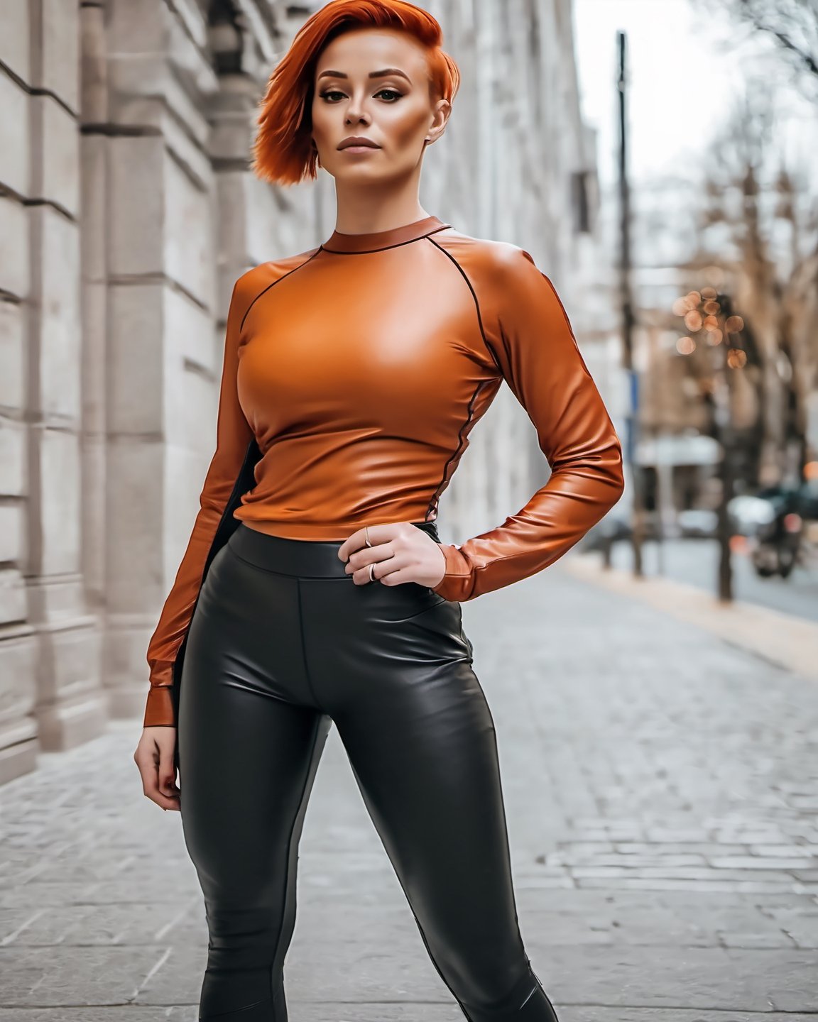 Photograph of a a woman in a orange leather top and black leather leggings standing on a sidewalk, instagram model, short red hair, athletic footage, full face, large hips, glass skin, nika maisuradze, dressed in beautiful sport clothing 