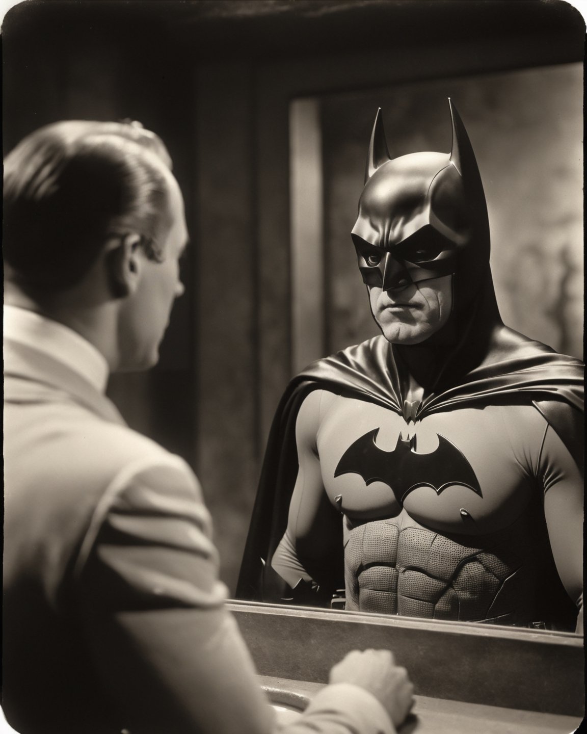 film still of [batman.fantasy], looking in the mirror, 70mm film, tritone color grading, deep focus, set in 1934