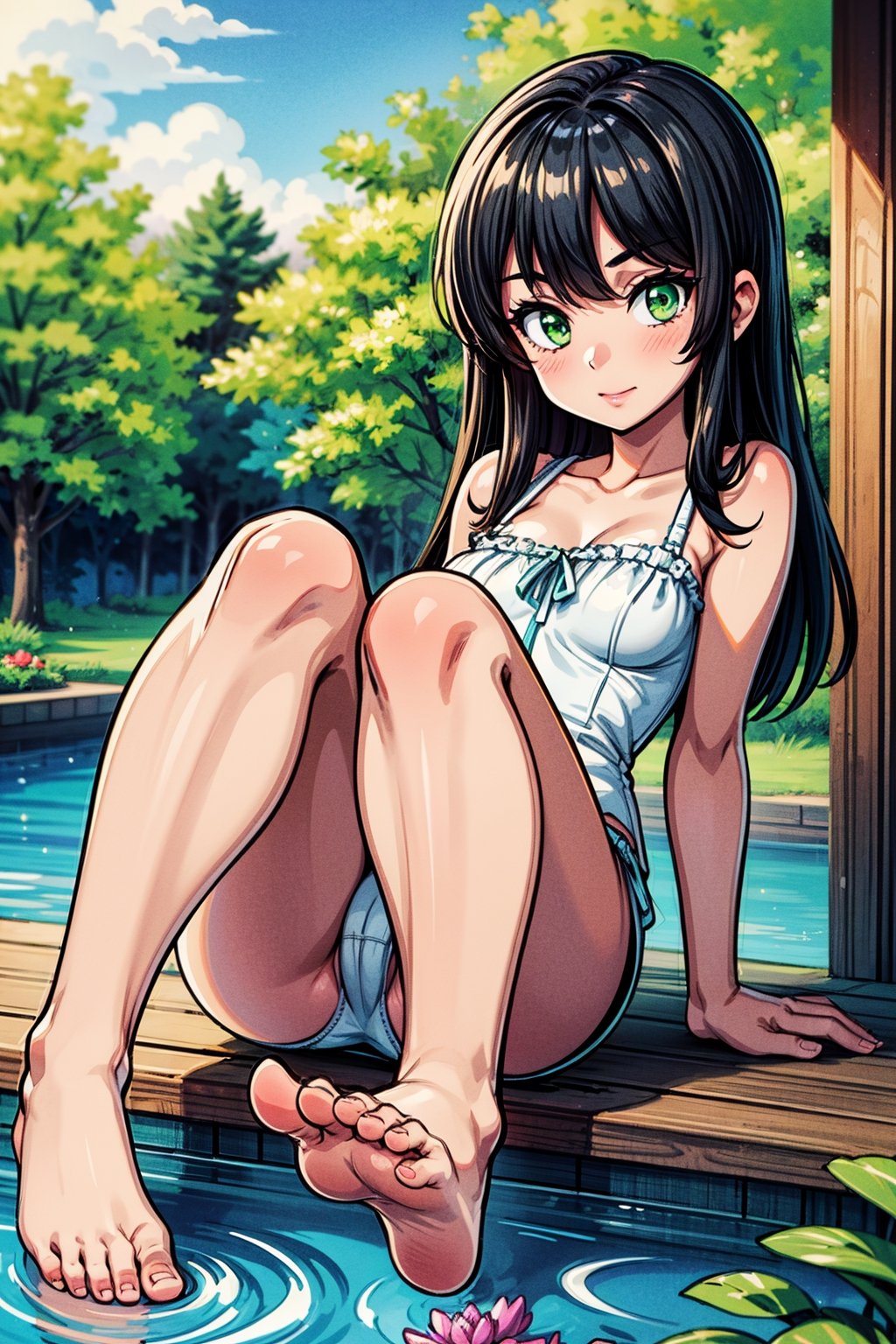 1girl, female_solo, lily pond, feet, soles, leaning back, sitting, toes, black hair, green eyes