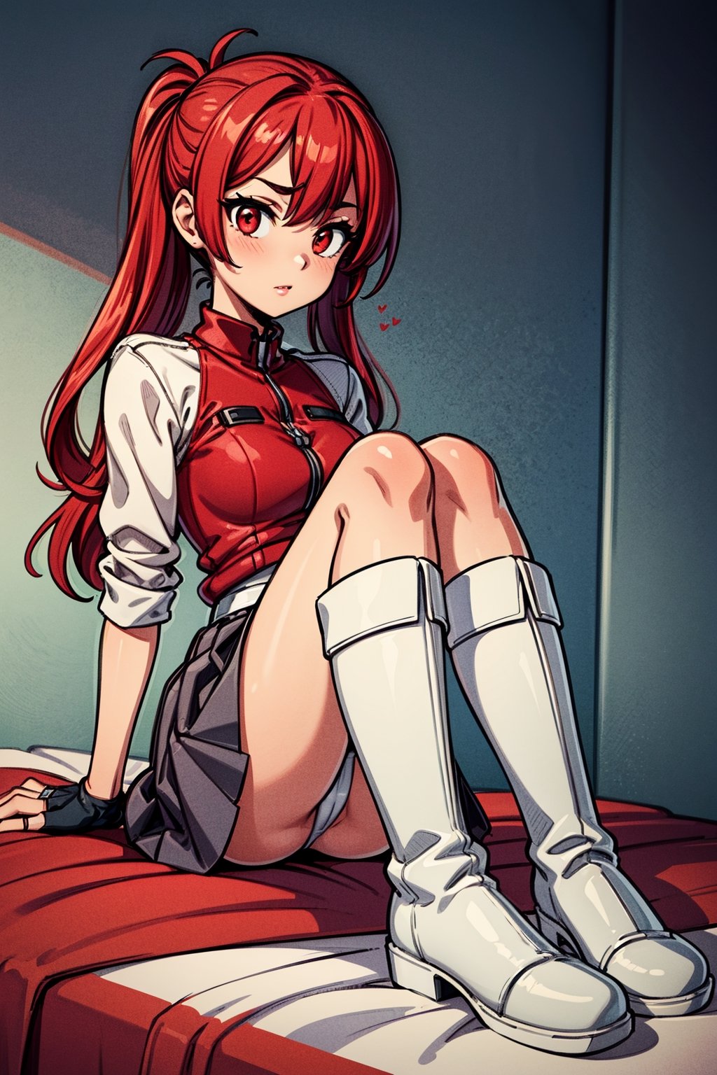 1girl, female_solo, sitting, knees up, white boots, ruby red hair, long ponytail, red top, grey skirt, red eyes, indoors, bedroom