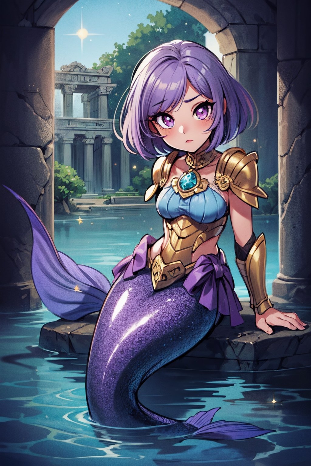 1girl, female_solo, violet hair, medium hair, ancient water temple, sitting, mermaid, golden armor, violet eyes, sparkles