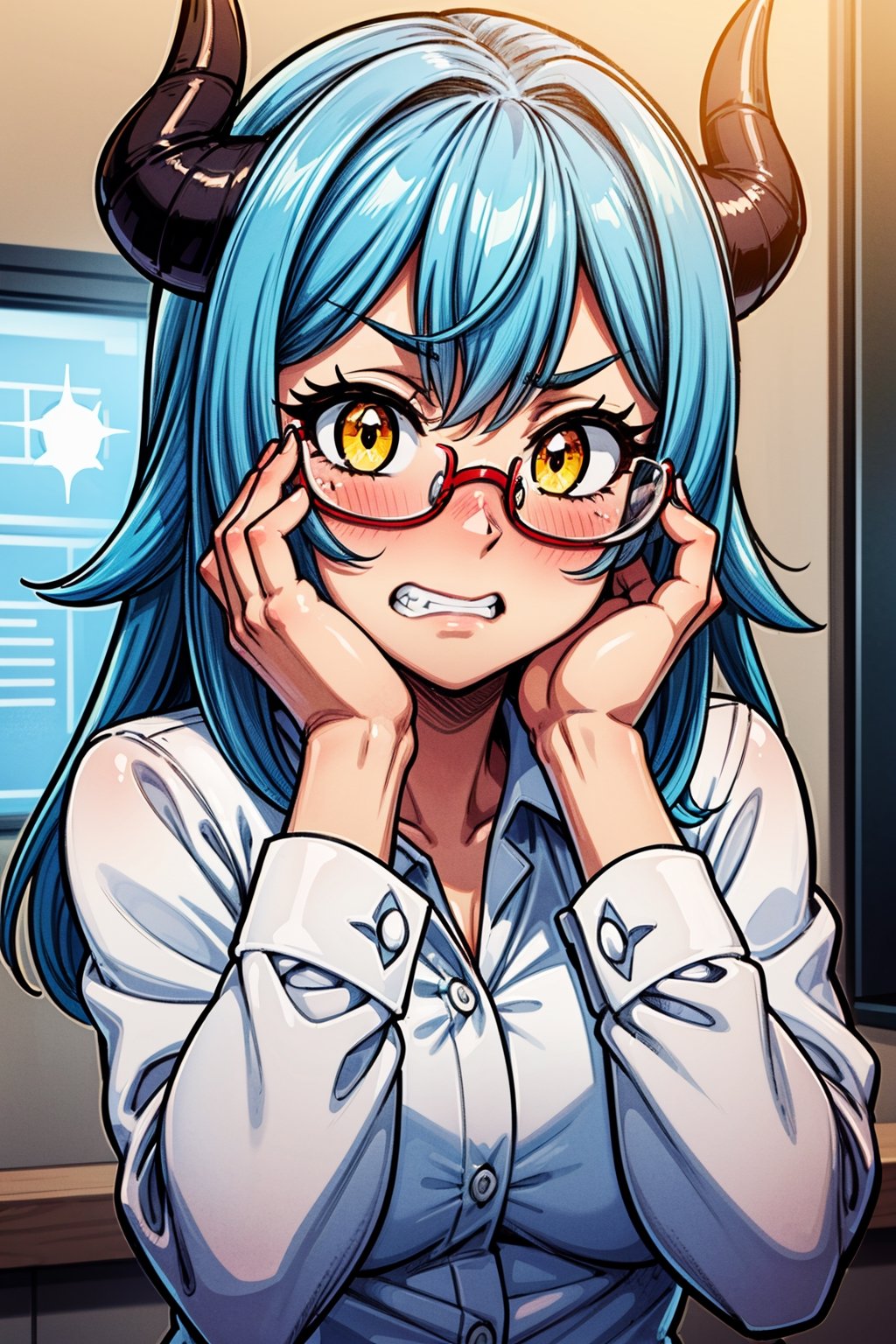 1girl, female_solo, office, indoors, glowing yellow eyes, glasses, white button up shirt, light blue hair, red skin, sparkles, hands on face, nervous, shy, blushing, horns, devil girl, clenched teeth