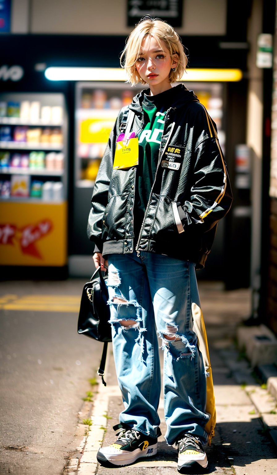 ((Masterpiece)), (Best quality), 1girl, 30 years old, (short blond hair, green eyes: 1.4, (girl in convenience store), (wearing black oversized jacket and black baggy jeans), Air force 1 sneakers, Unique Background, (Film Tone), Beautiful, Aesthetic, Colorful, (Realism), (Perfect Anatomy: 1.2), Detailed Eyes: 1.2, Exposure Mix, Full Body Shot, Bokeh, (Realistic Style), (Ultra Wide Angle Lens), Very Detailed, (hdr: 1.4), High Contrast, (Film, Color: 0.85), (Soft Colors, Dull Colors, Soothing Tone: 1.3), Low Saturation, RAW Photo, Unique, High Resolution rate, perfecteyes, konbini, in Taipei, 7-11,