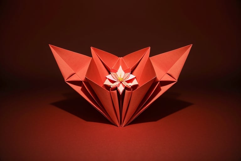 Star-shaped origami, origami effect, red background, layered effect, obvious shadow of each layer, high resolution, combination of origami geometric shapes, peripheral dimming, spotlight effect, God's perspective, flower shape, symmetry, origami blossom