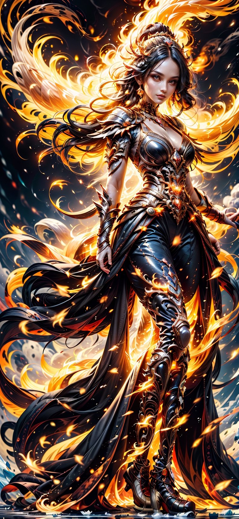 Masterpiece, Best Quality,  1girl, witch, (casting ice magic), magic circle, (fire:(ice)), dark fantasy theme, cowboy shot, looking at viewer, ((lots of glowing ice particles), lots of fire sparks), viewer look from bottom to top, fullbody,huoshen,colorful_girl_v2