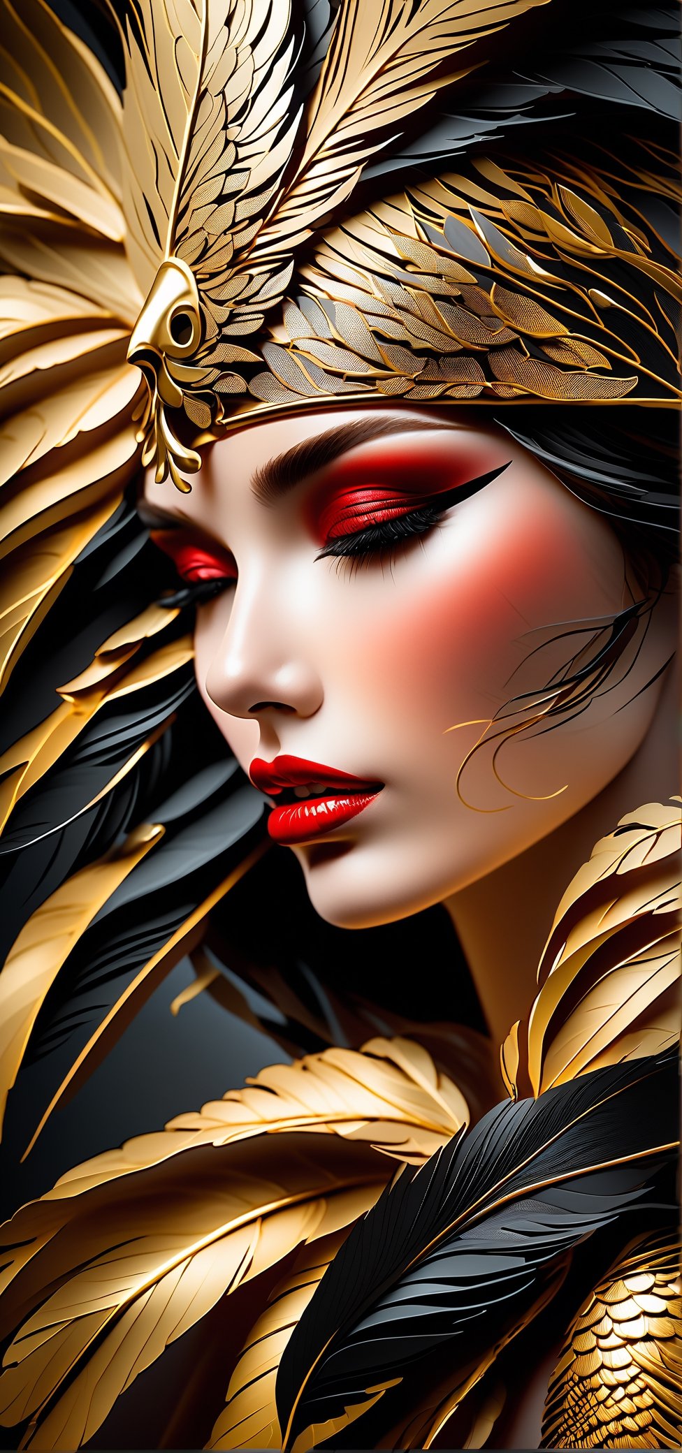 A stunning and detailed portrayal of a woman with red lipstick and a gold , black feather, capturing the essence of beauty in UHD 4K. This gorgeous digital art, reminiscent of the mastery of Karol Bak and Alessandro Pautasso, exemplifies airbrush techniques and glossy textures, creating a truly beautiful and detailed digital artwork.