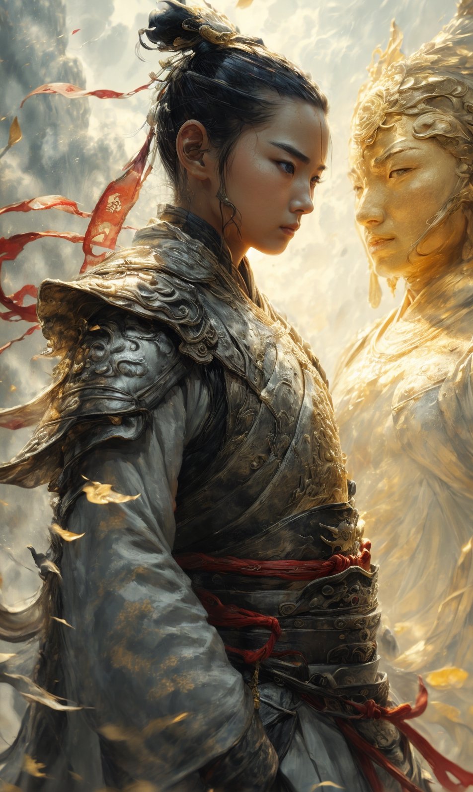 (Photorealistic, RAW, 16K, Masterpiece, UHD), full body, splash-ink tai chi illustration, yin yang illustration, Chinese Wuxia (real Dilraba Dilmurat), ponytail, dramatic angle, looking_at_viewer,(fluttered detailed ink splashs), (illustration),(((1 girl))),(long hair), (Beautiful face), ,(rain:0.6),((expressionless ,Carmine hair ornament:1.4)),(There is a palace far away from the girl),chinese  clothes,((focus on the girl)), color Ink wash painting,(ink splashing),(Huaqing splashing),((colorful)),[sketch],best quality, beautifully painted,highly detailed,(denoising:0.7),[splash ink],yin yang, tai chi, perfect hand, perfect fingers, beautiful eyes,xuer Ancient golden armor, Dual Sword,Weapon