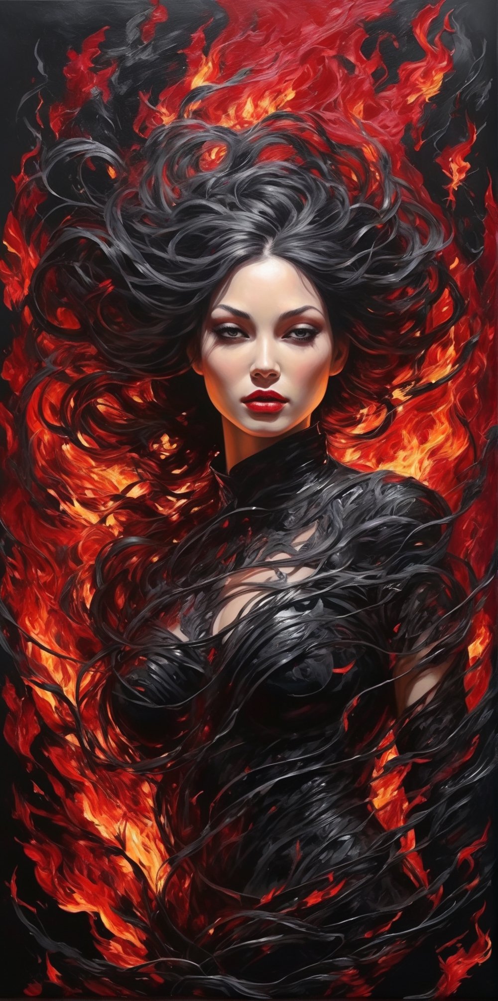 a woman's body covered in vines chasing fire, in the style of dark silver and crimson, realistic hyper-detailed portraits, mbole art, dark black and crimson, heavy use of palette knives, ravencore, dark and brooding designer 