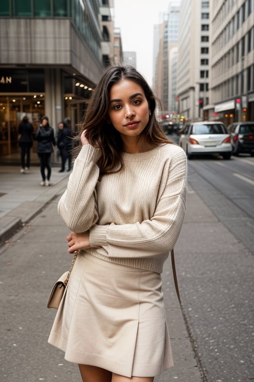 In the midst of the bustling streets, I found solace in this candid moment. The soft hues of my beige sweater and skirt perfectly blend with the urban backdrop, creating a serene beauty that's worth cherishing. 