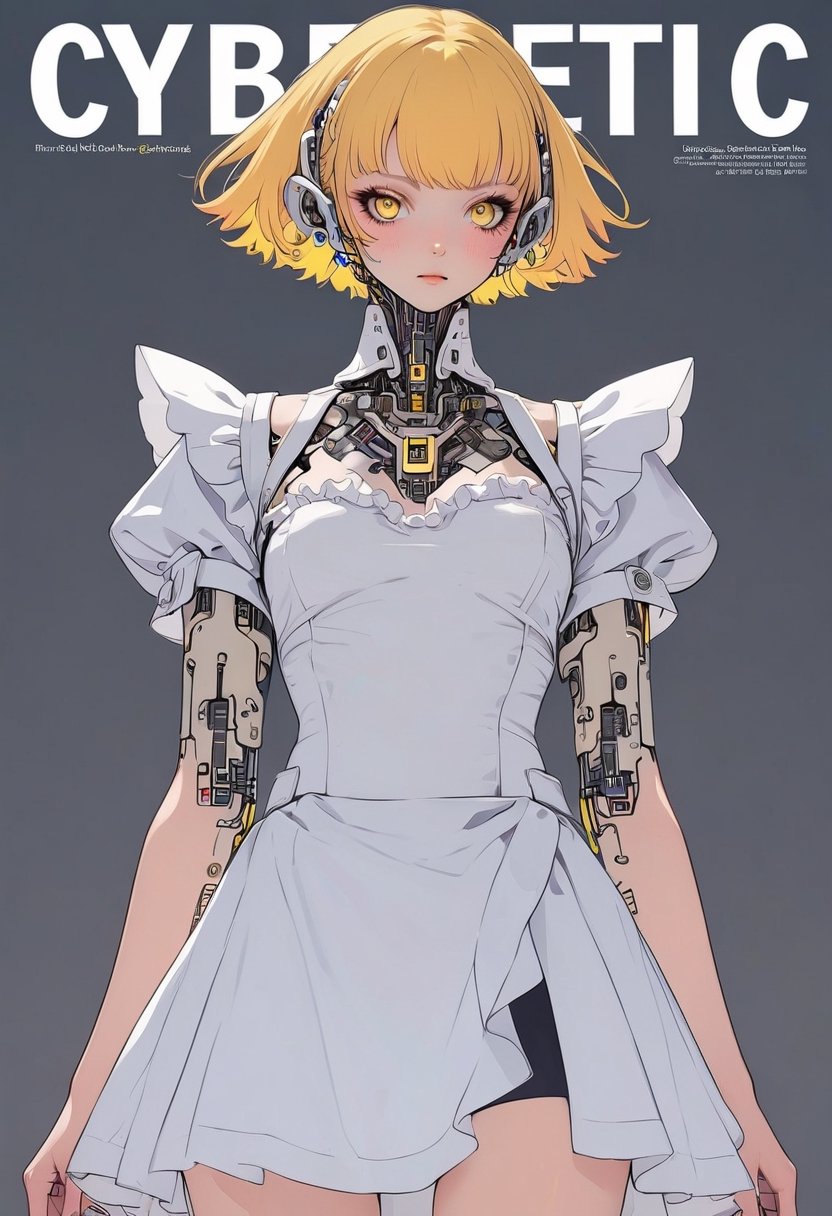 (magazine cover:1.4), simple background, 
1girl, solo, cybernetic, cyborg, (yellow short hair:1.1), txznmec, ,Maid uniform, 