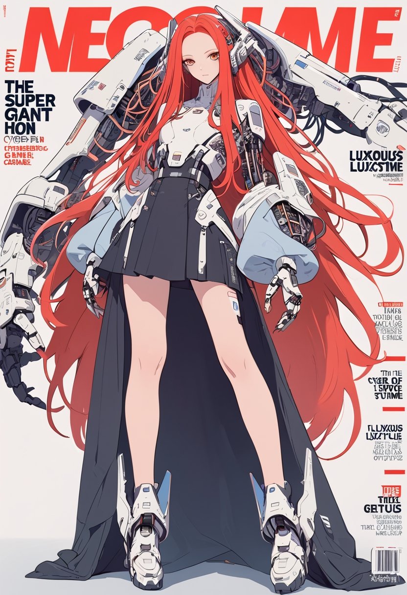 (magazine cover:1.4),
1girl, solo, cyber, cybernetic, looking at viewer, (red long hair:1.1), full body, with her hands crossed in front of her chest, with a pair of super giant mechanical arms behind her,
txznmec, LuxuriousWheelsCostume