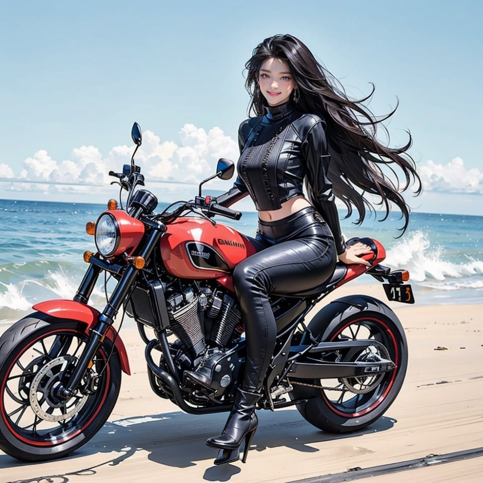 A girl riding a shiny heavy motorcycle, hair flowing in the air, speeding along the coastline, thigh up body, black hairstyle, earings, blush, outline, long hair, smile,  full body, virgin destroyer sweater,   seolhuyn, panoramic,