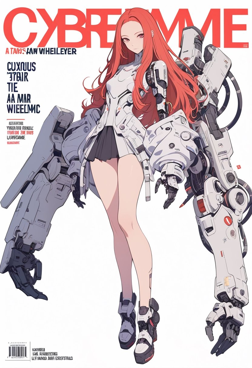 (magazine cover:1.4),
1girl, solo, cyber, cybernetic, looking at viewer, (red long hair:1.1), full body, with her hands crossed in front of her chest, with an incredibly huge mechanical arm behind her. The sturdy black mechanical arm features tank-like armor and a turret-like weapon,
txznmec, LuxuriousWheelsCostume