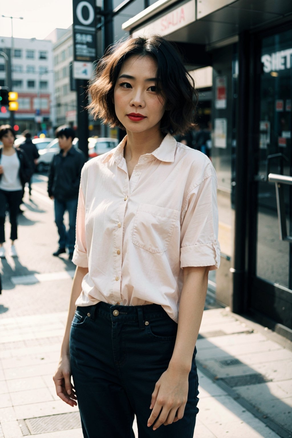 Taiwanese, 1woman, white collared shirt, short hair, black hair, thick hair, good hair, 40 years old, real eyes, perfect eyes, smooth skin, clutch, skinny pant, 
(full body shot:1.5), on the street, waiting for the bus, (Candid Shot:1.5), Detailedface,Realism, ,Makeup